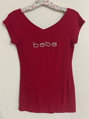 Y2K bebe Red Burgundy Ribbed Rhinestone Logo Fitted Top Tee